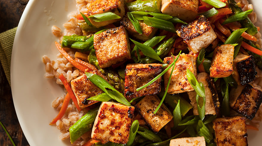 Tofu stir fry with rice and green onions