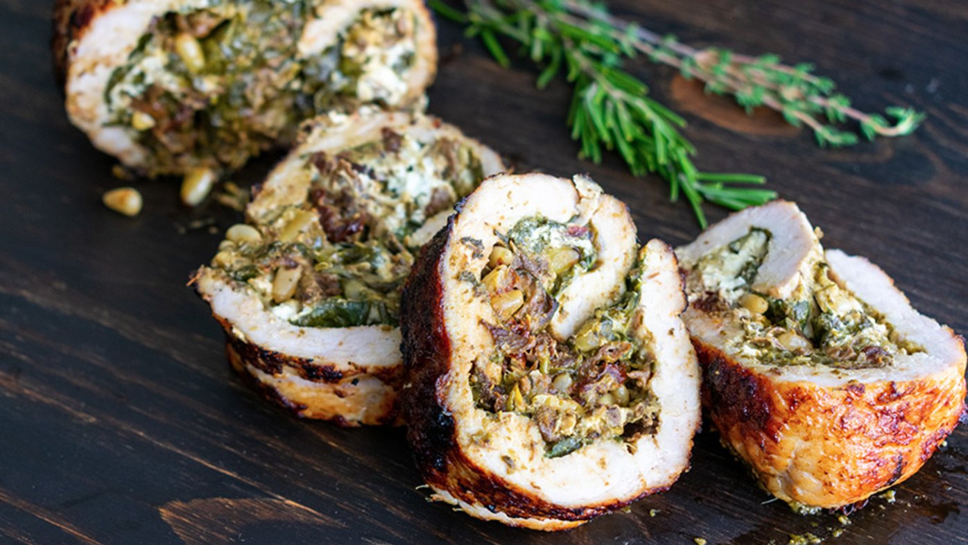 Mediterranean stuffed pork with spinach and sun dried tomatoes