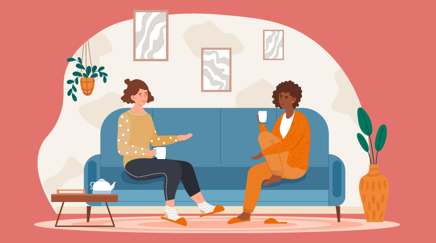 Illustration of two women talking on the couch