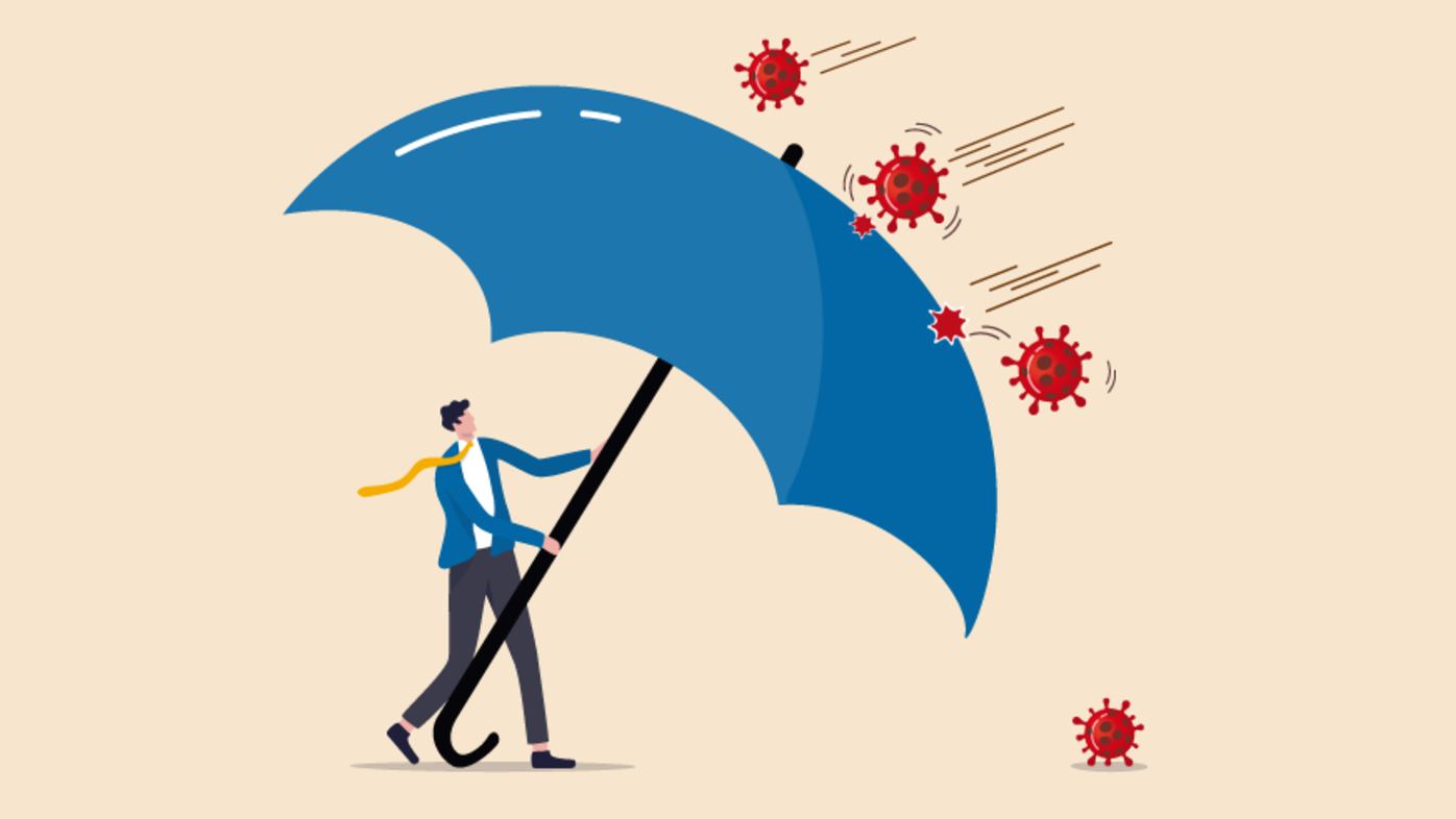 Illustration of person with umbrella avoiding germs
