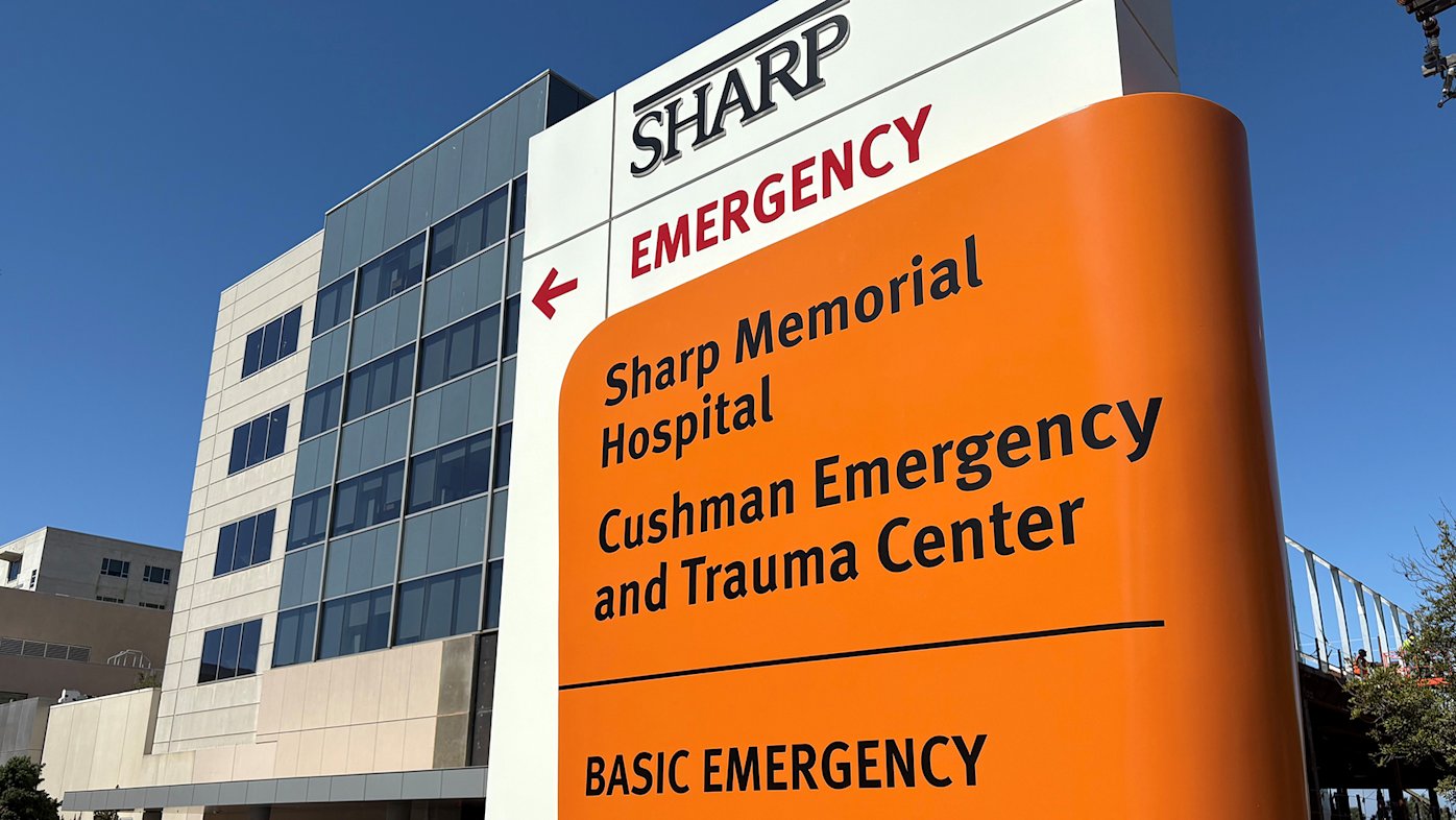 Sign outside emergency department at Sharp Memorial Hospital in San Diego