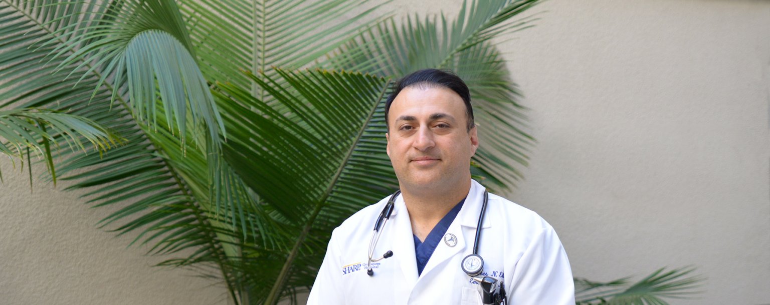 Male doctor in lab coat on right standing in front of palm plants