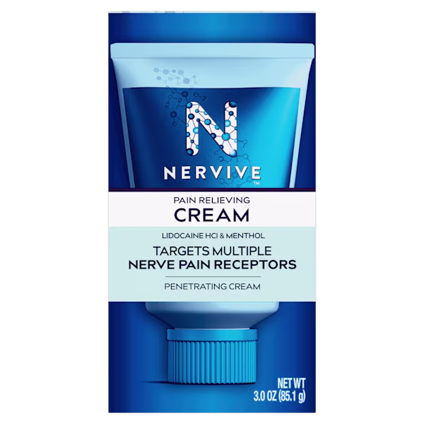 Nervive pain relieving cream package with lidocaine and menthol, featuring blue molecular design and 3.0 oz size.