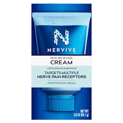 Nervive pain relieving cream package with lidocaine and menthol, featuring blue molecular design and 3.0 oz size.