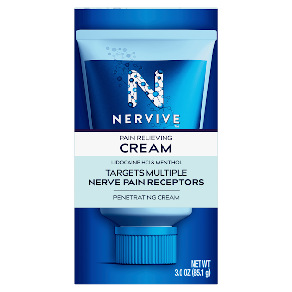 Nervive pain relieving cream package with lidocaine and menthol, featuring blue molecular design and 3.0 oz size.