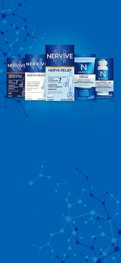 Packages of Nervive Nerve relief PM, Nerve health, nerve relief, Pain relieving cream and Pain relieving liquid roll-on on blue background with connecting dots and lines.