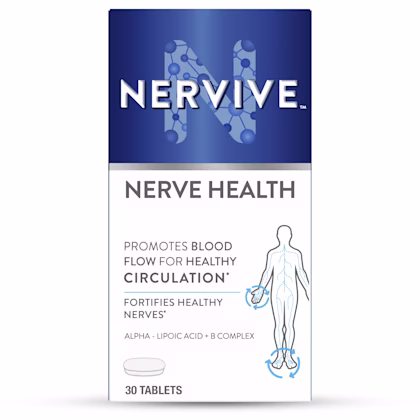 Nervive Nerve Health supplement packaging showing 30 tablets that promote blood flow and fortify nerves with alpha-lipoic acid.