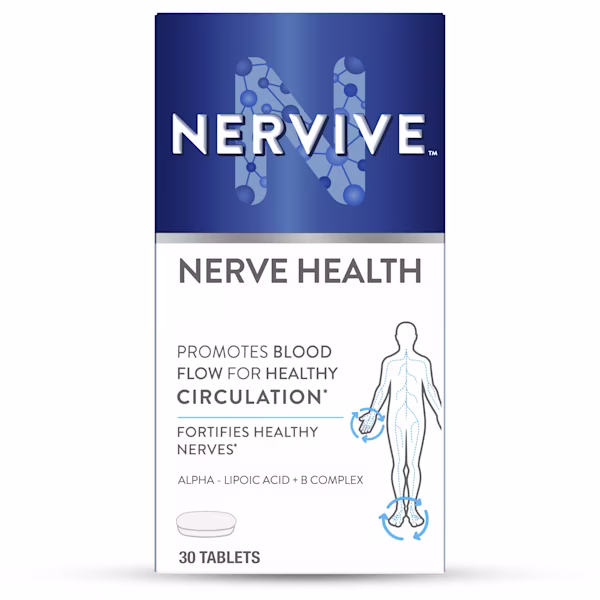 Nervive Nerve Health supplement packaging showing 30 tablets that promote blood flow and fortify nerves with alpha-lipoic acid.