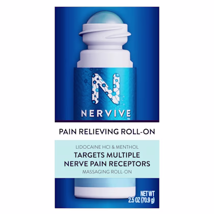 Nervive pain relieving roll-on product with blue packaging, containing lidocaine and menthol for nerve pain relief.