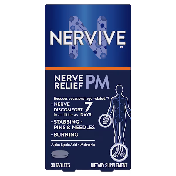 Nervive Nerve Relief PM supplement packaging showing 30 tablets for nerve discomfort relief with alpha-lipoic acid and melatonin.
