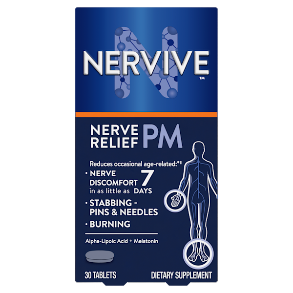 Nervive Nerve Relief PM supplement packaging showing 30 tablets for nerve discomfort relief with alpha-lipoic acid and melatonin.