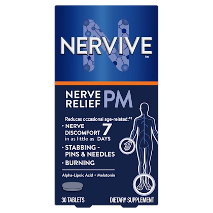 Package of Nervive Nerve relief PM tablets on white background.