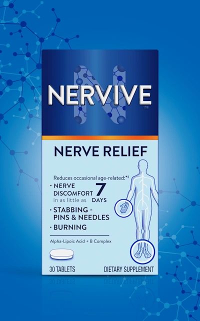 Package of Nervive Nerve relief tablets on blue background with connecting dots and lines.