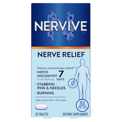 Nervive Nerve Relief supplement packaging showing 30 tablets for nerve discomfort relief in 7 days with Alpha-Lipoic Acid.