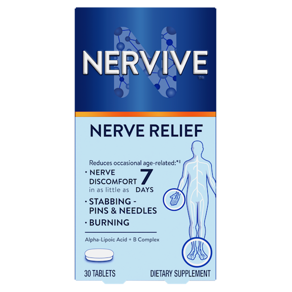 Envase de suplemento Nervive para alivio nervioso, promete reducir molestias en 7 días, contiene 30 tabletas con ácido alfa-lipoico.
