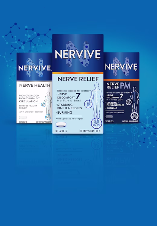 Packages of Nervive Nerve health, Nerve relief and Nerve relief PM on blue background with connecting dots and lines.