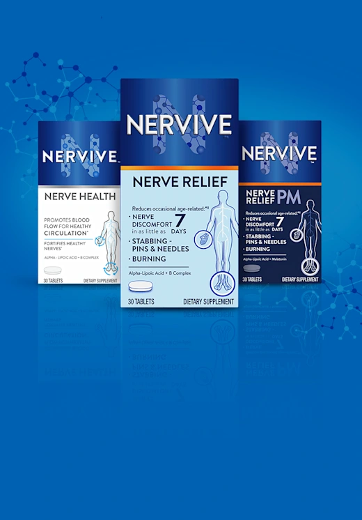 Packages of Nervive Nerve health, Nerve relief and Nerve relief PM on blue background with connecting dots and lines.