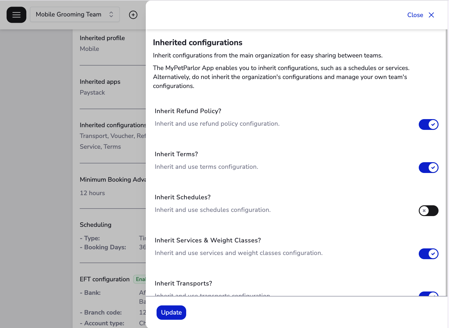 The UI of the team's inherited configurations with a number of the configurations, such as terms and refund policy inheriting while others are not inheriting from any profile.