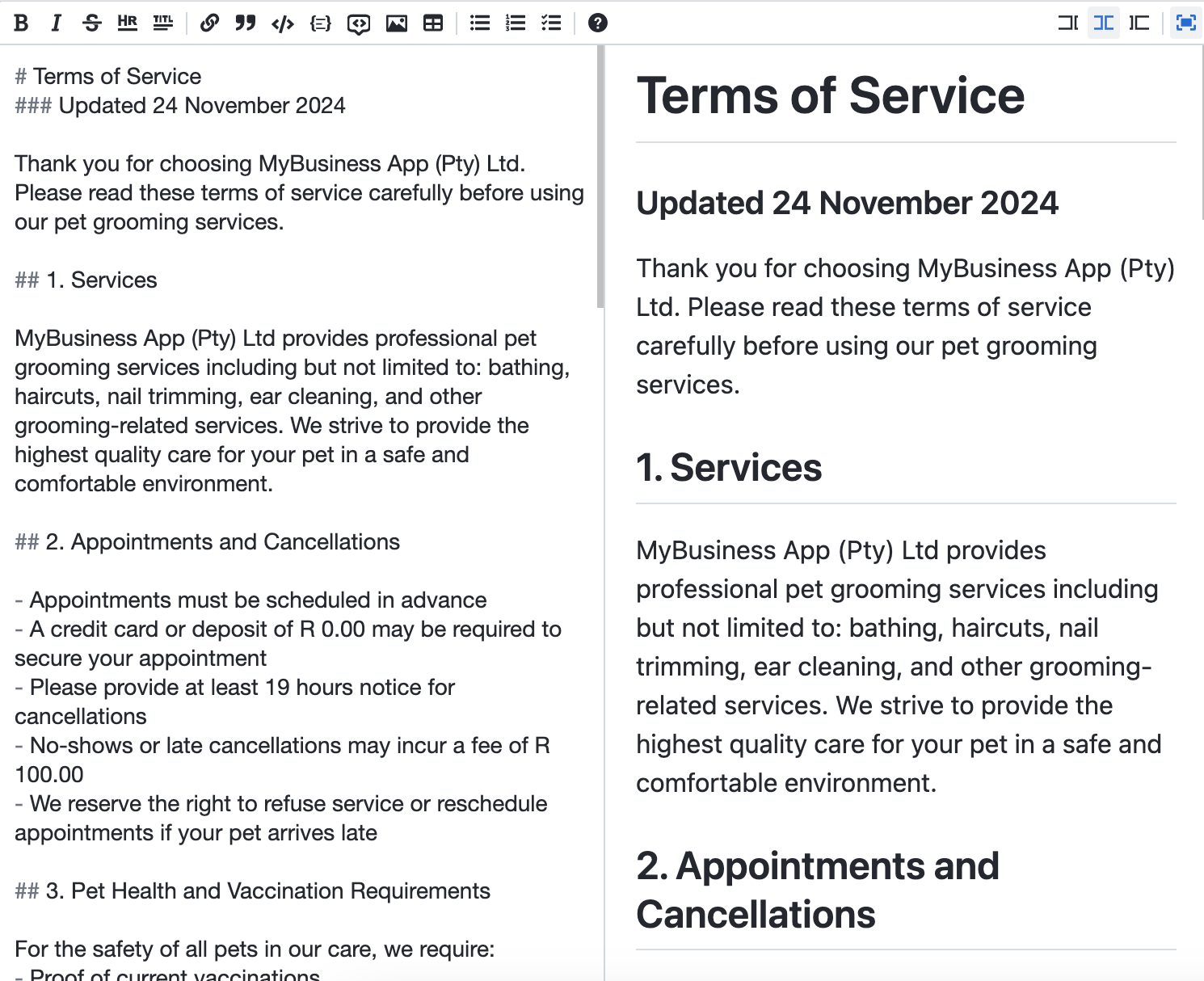 The UI of the terms document editor with options to format and perfect your business' documents for customers.