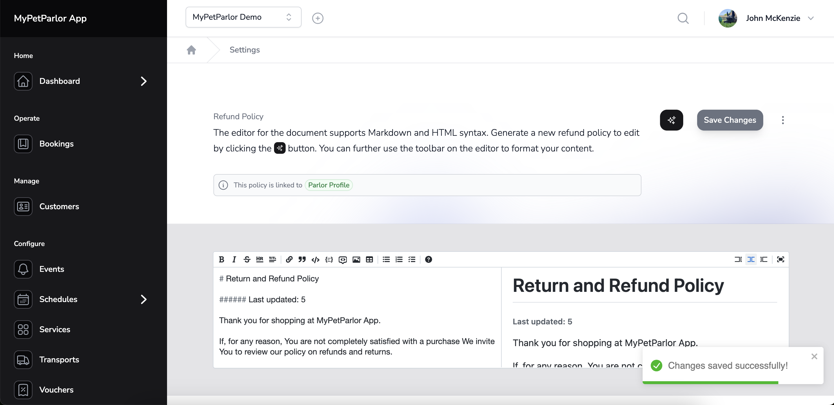 The action to save an edited refund policy with new changes