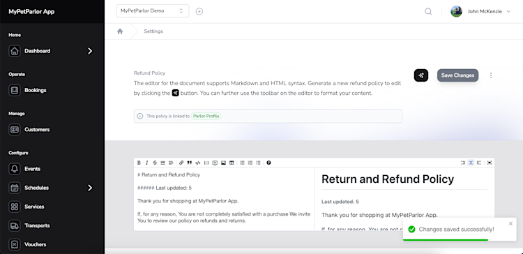The action to save an edited refund policy with new changes