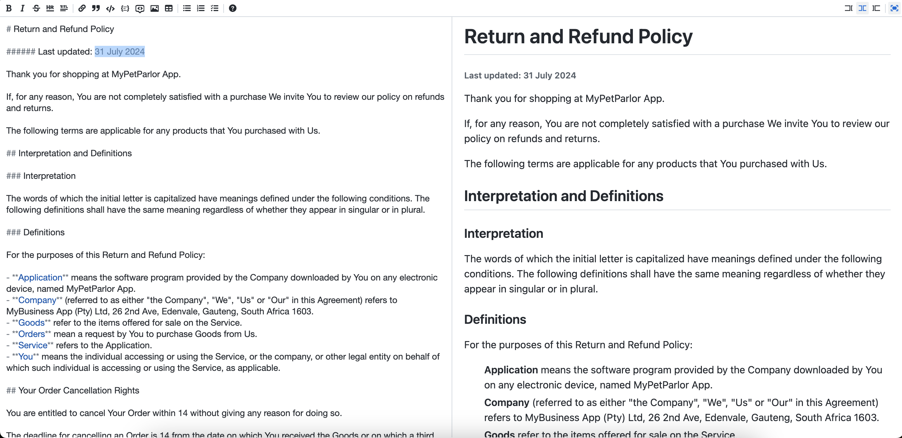 The UI of the MyPetParlor App's editor for the refund policy document