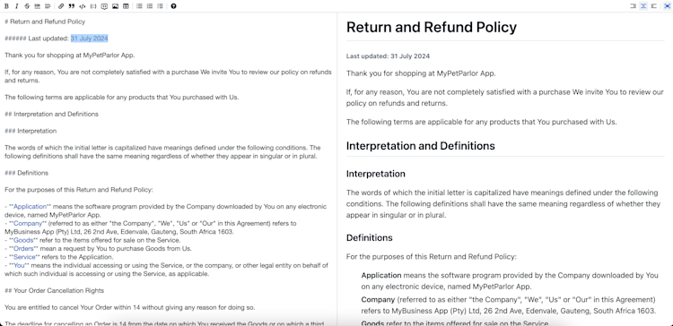 The UI of the MyPetParlor App's editor for the refund policy document