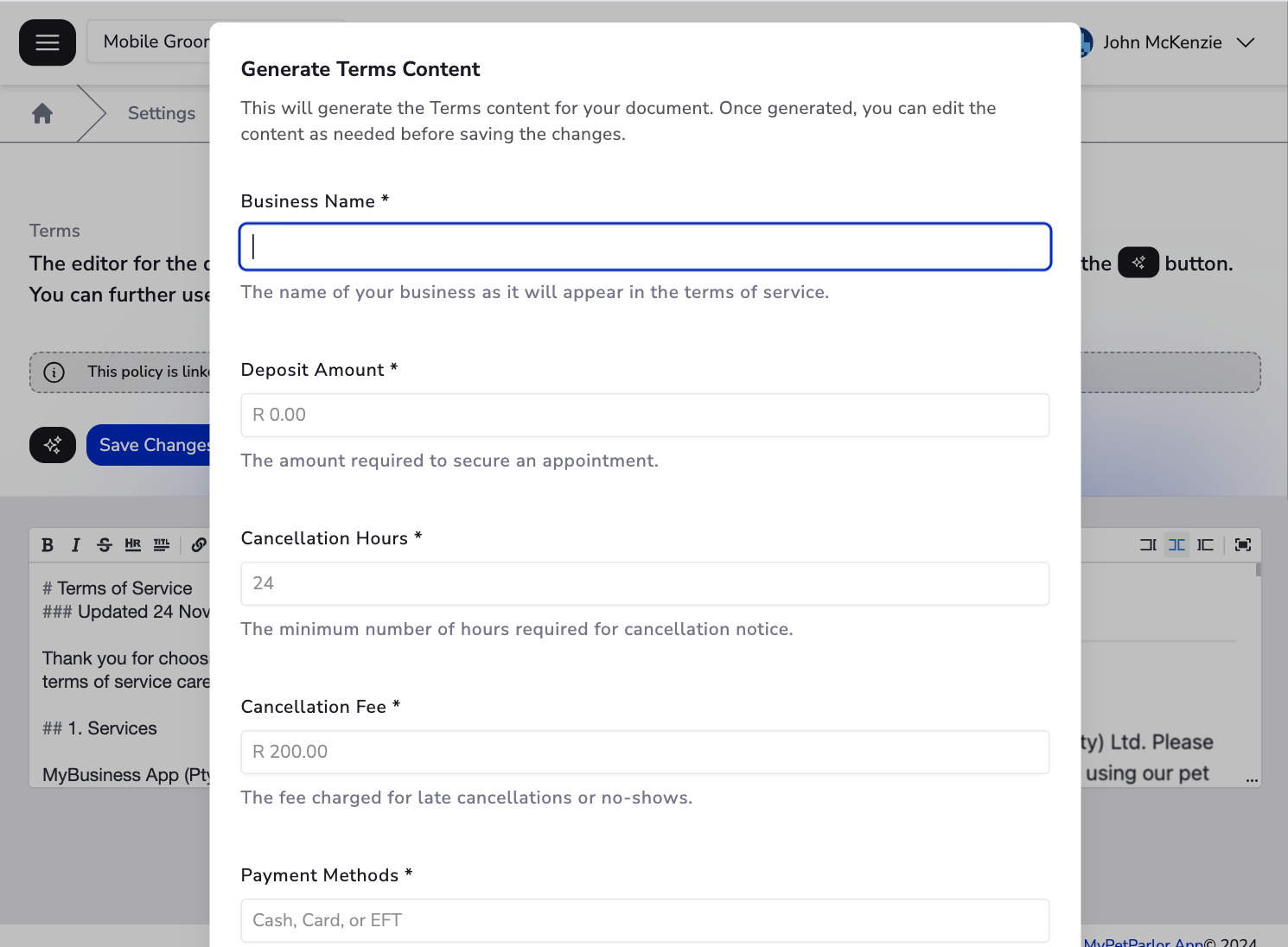 The UI of the portal to generate terms document with a dialog with a form to add values unique to your business, like the legal entity name, to generate a document with the relevant company details and more.