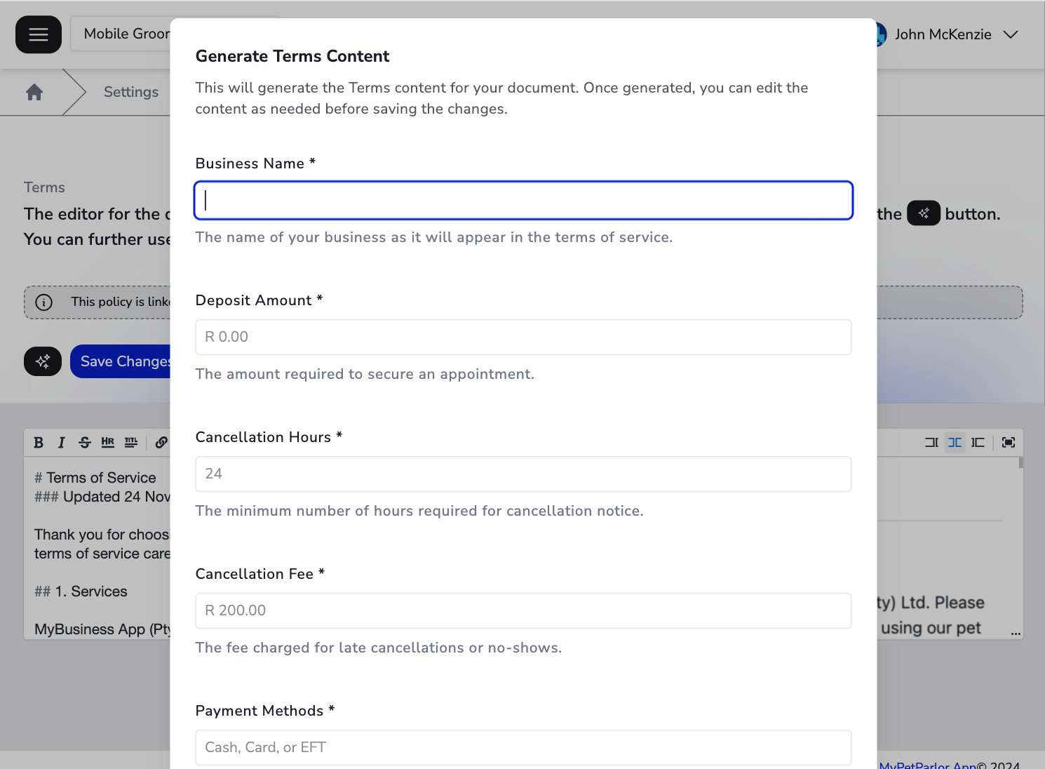 The UI of the portal to generate terms document with a dialog with a form to add values unique to your business, like the legal entity name, to generate a document with the relevant company details and more.