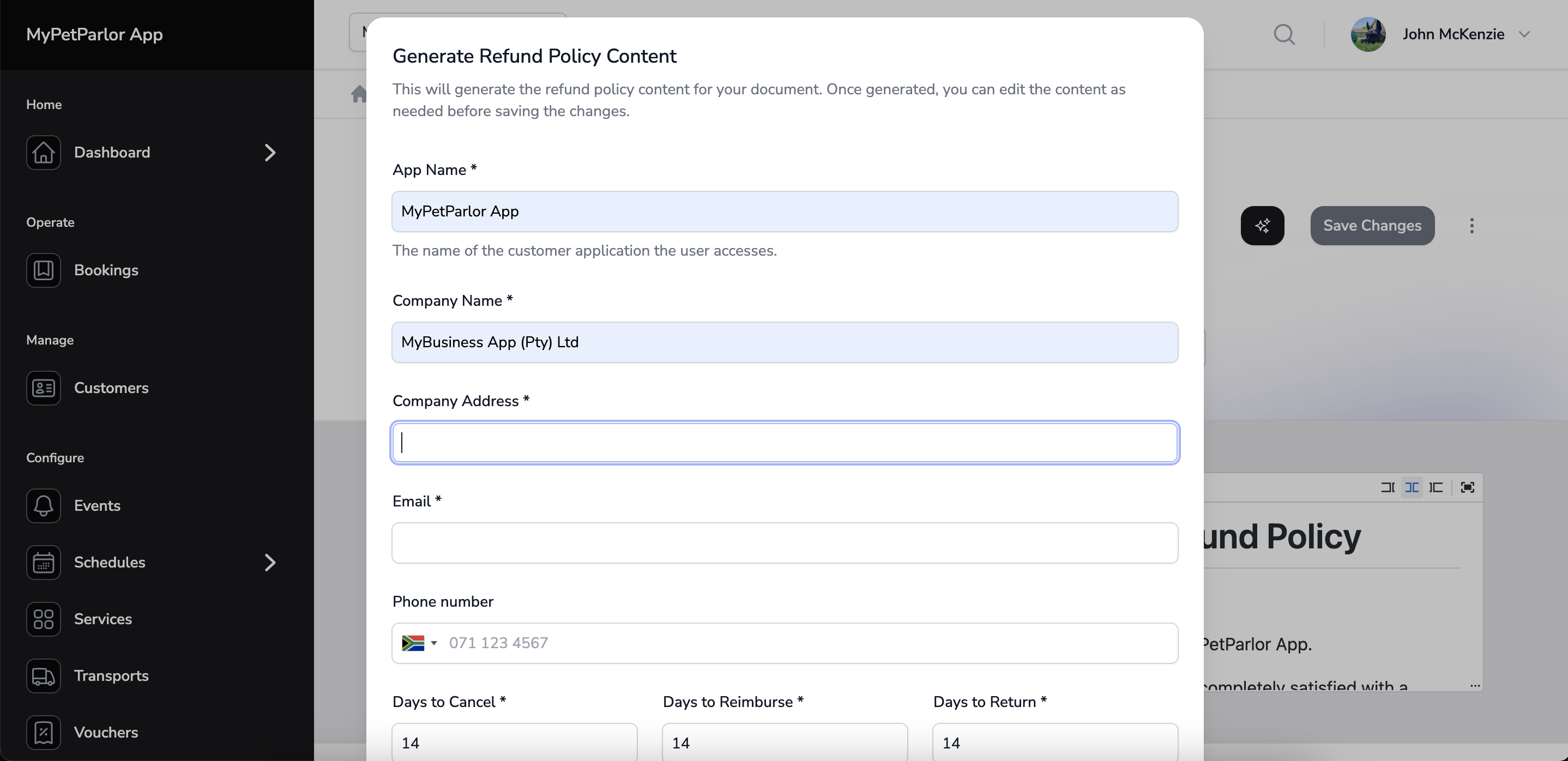 The UI to the form to generate a refund policy on MyPetParlor App.