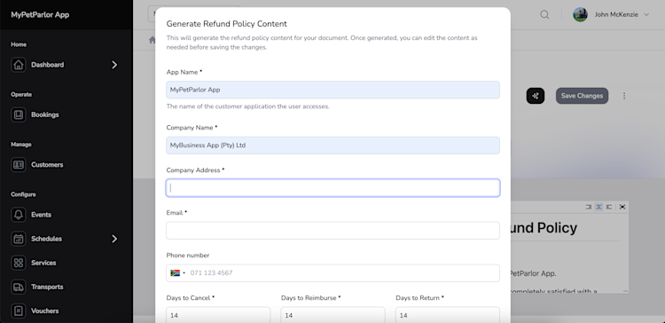 The UI to the form to generate a refund policy on MyPetParlor App.
