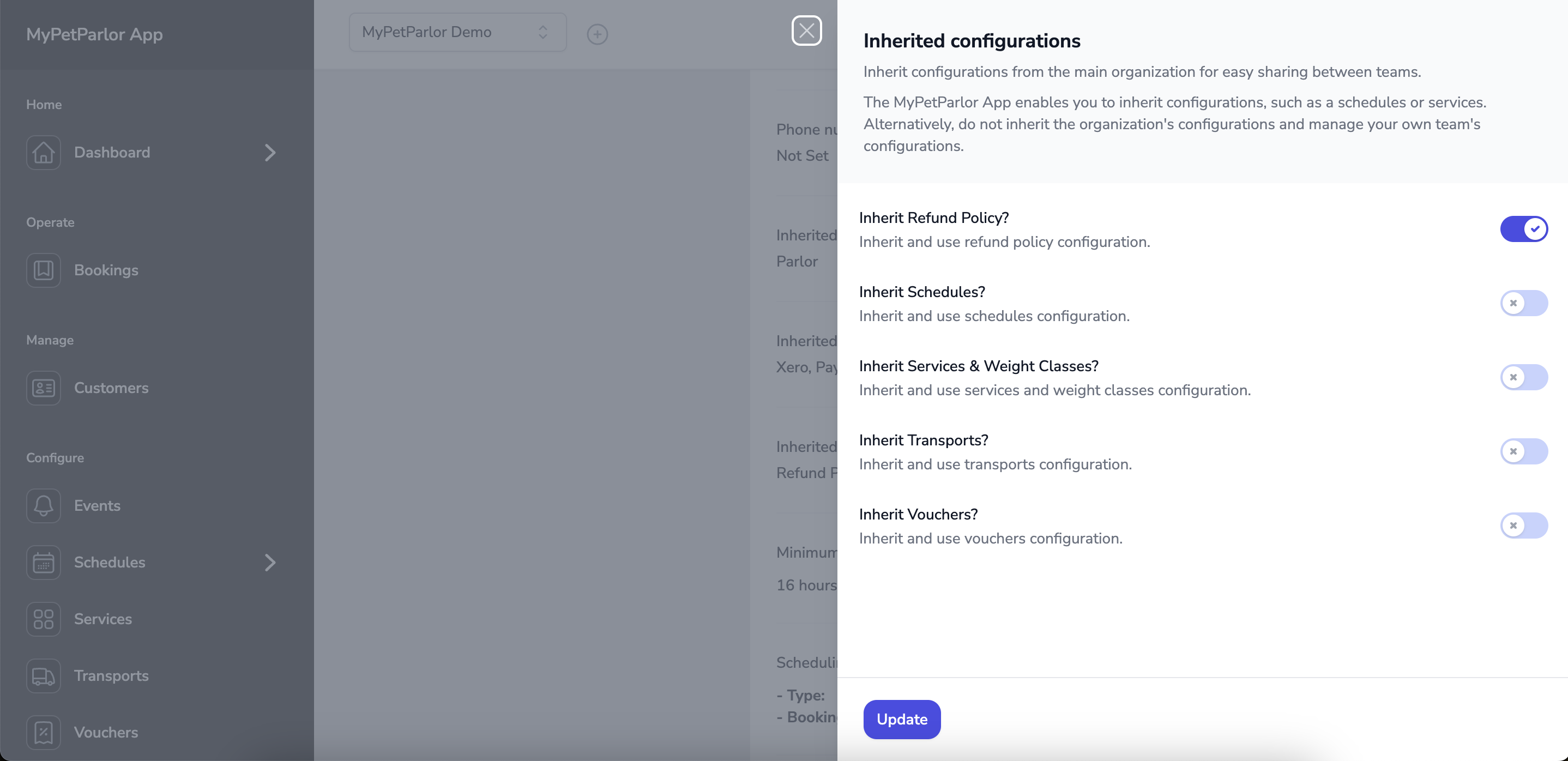 The UI of the pane to inherit configurations for a team in the MyPetParlor App portal's settings, with the Refund Policy option inherited.