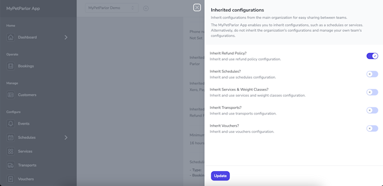 The UI of the pane to inherit configurations for a team in the MyPetParlor App portal's settings, with the Refund Policy option inherited.