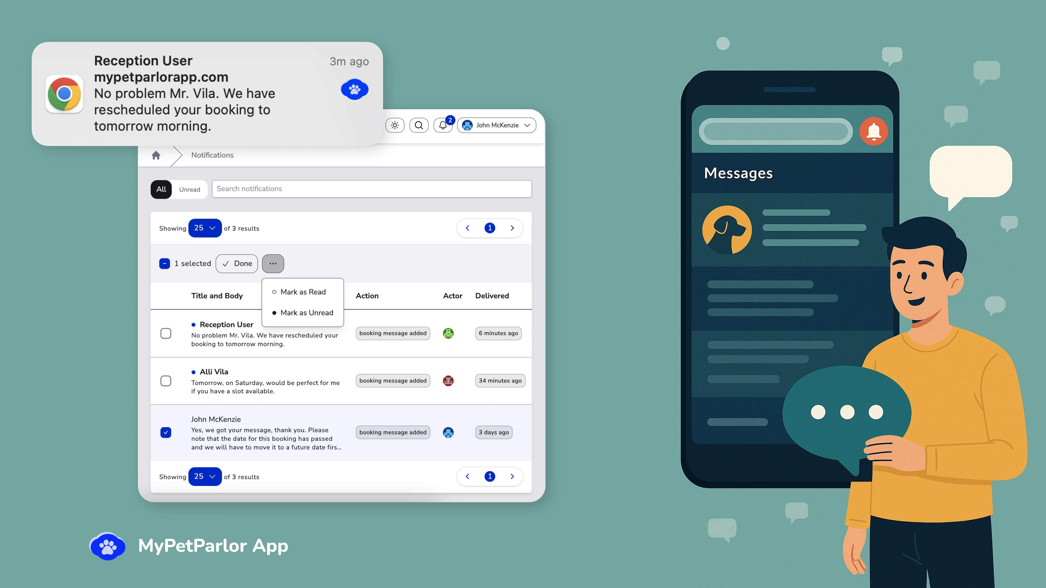 MyPetParlor App's Real-Time Notification System with in-app push notifications, a dedicated notifications center, and an illustration of a customer receiving messages and communicating with the team in real-time.