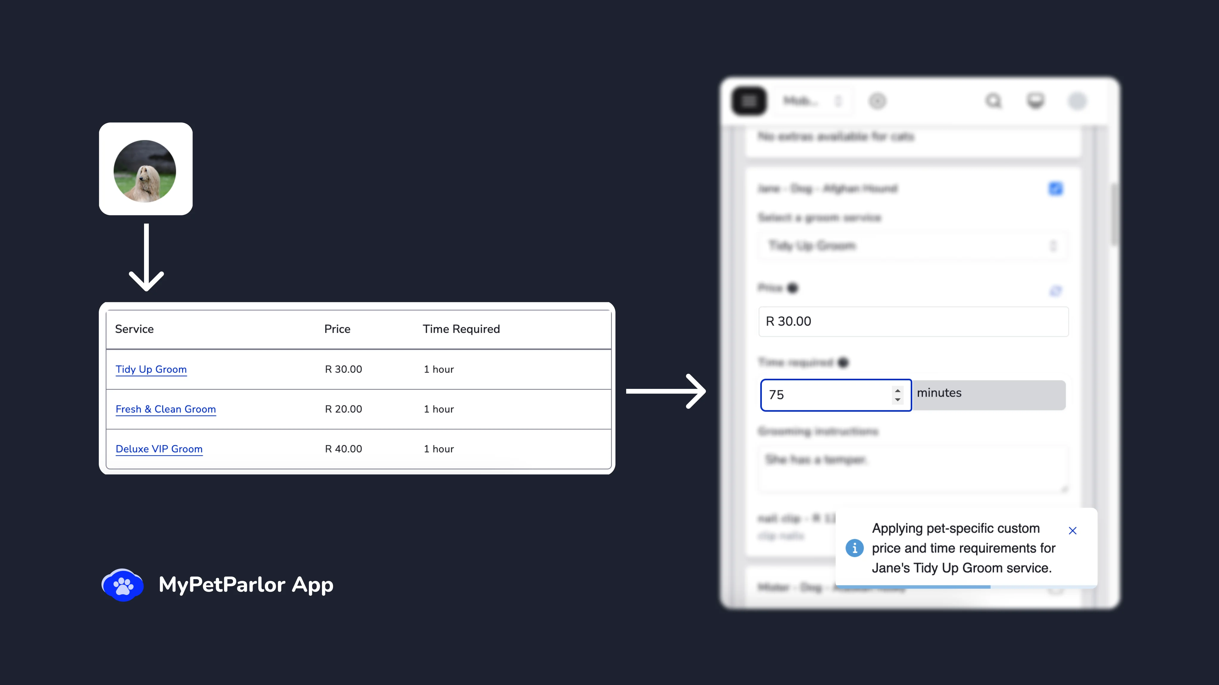 Discover how MyPetParlor App's new feature allows groomers to set custom time requirements for each pet and service, optimising schedules and enhancing efficiency. This image illustrates adjusting a "Tidy Up Groom" from 60 to 75 minutes for a specific pet, ensuring tailored service and better time management.
