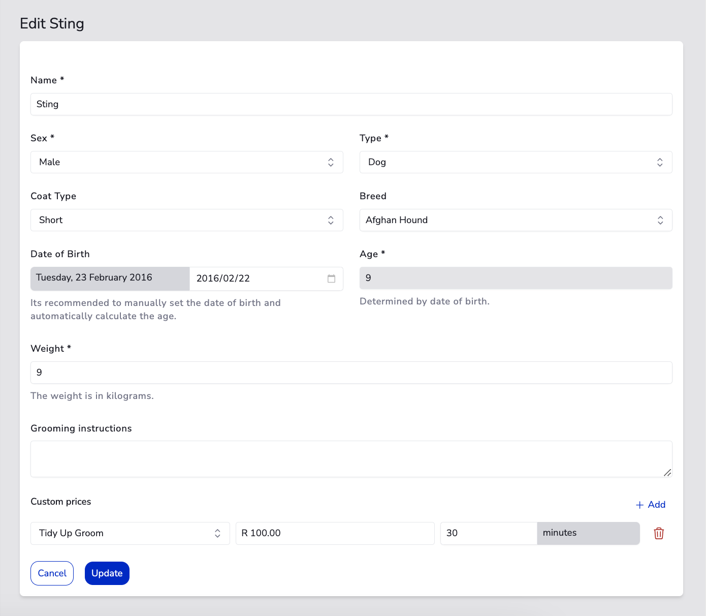 This image showcases MyPetParlor App's comprehensive pet profile editing interface, featuring custom pricing and time requirements for grooming services. The form displays how groomers can set personalized service durations (like 30 minutes for a Tidy Up Groom) and pricing (R 100.00) for individual pets, enabling precise scheduling and tailored service delivery.