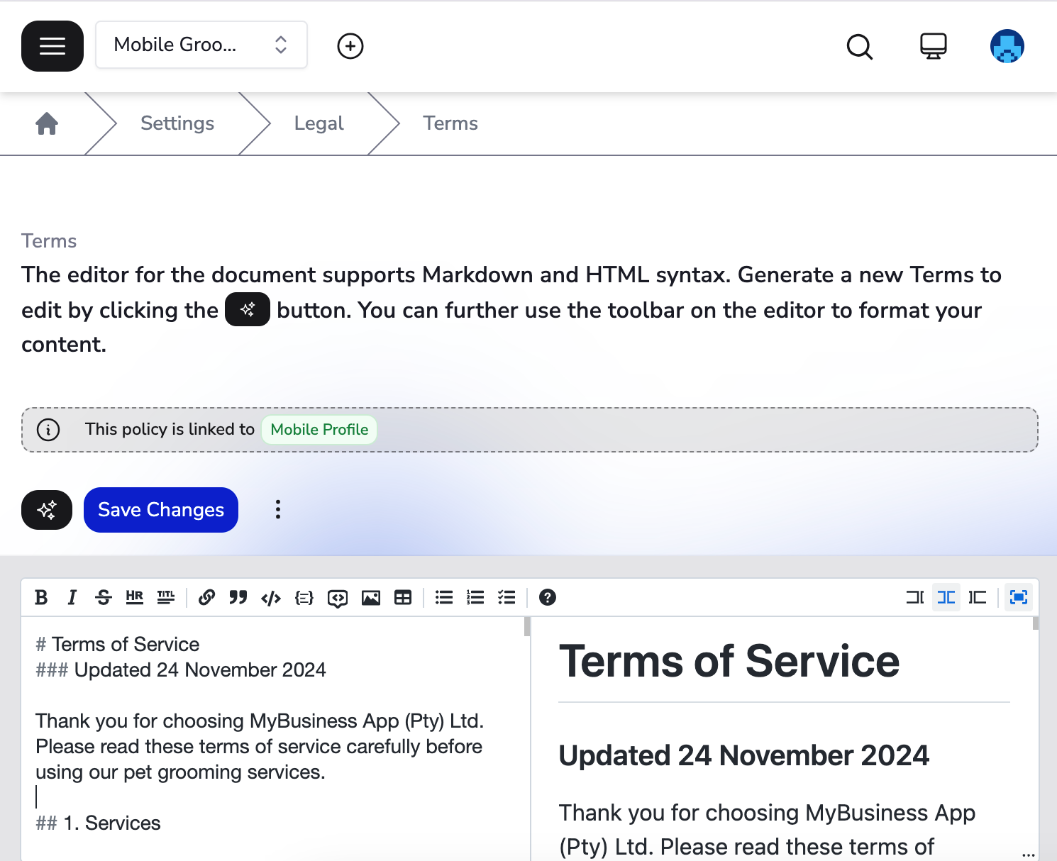 The UI of the terms document editor minimized with addition UI functionality to save and/or generate a new terms document