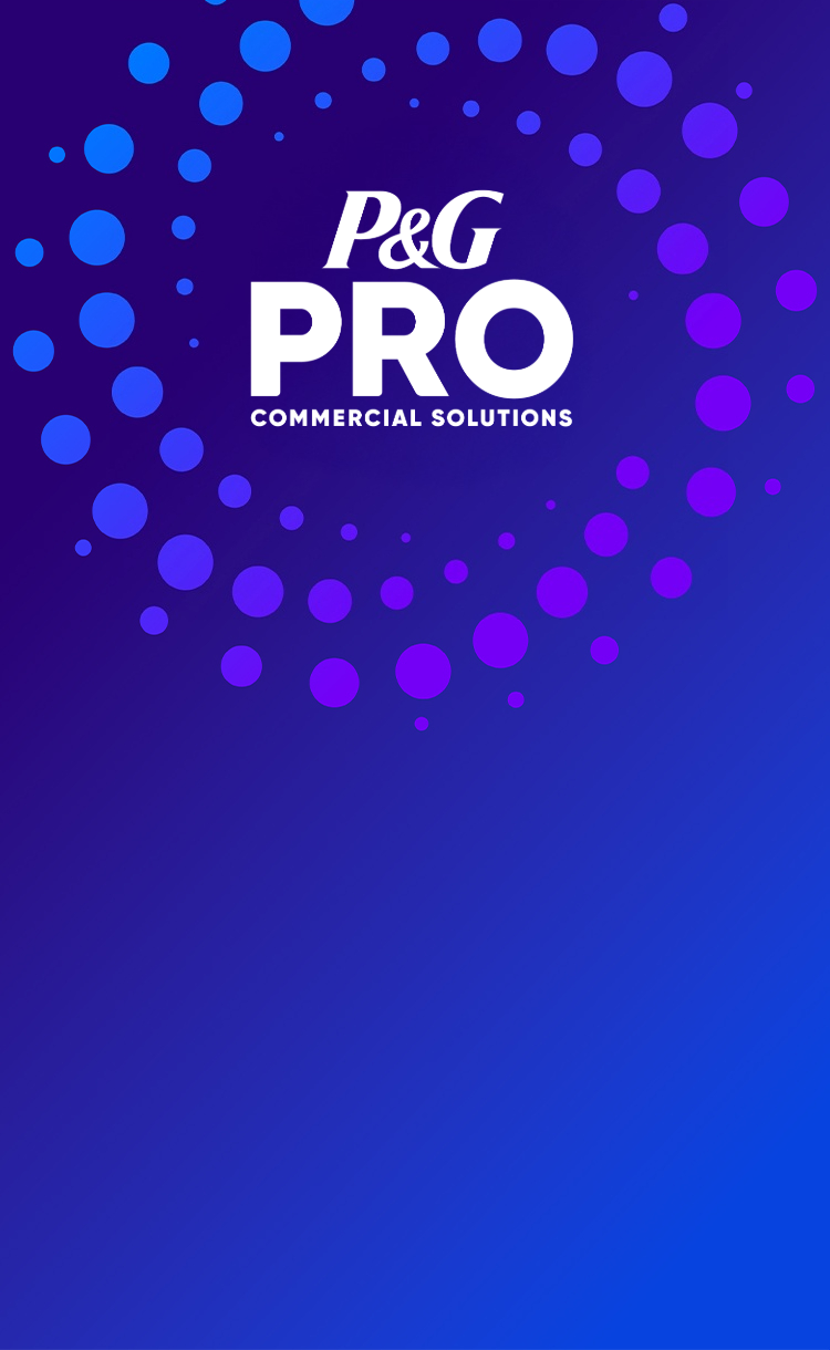 Logotipo de P&G PRO Commercial Solutions sobre un fondo azul y morado con puntos decorativos.