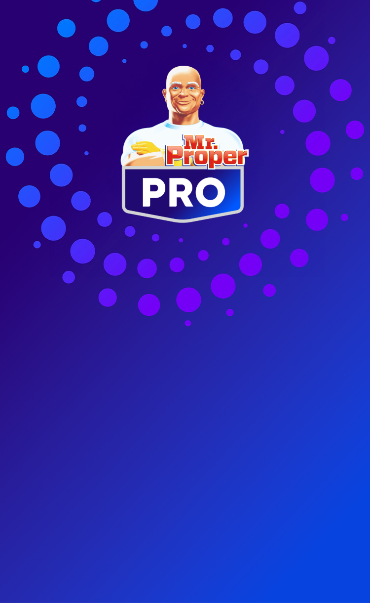 Banner de Mr. Proper PRO. La mascota Mr. Proper sonríe con los brazos cruzados sobre un fondo azul y morado con burbujas.