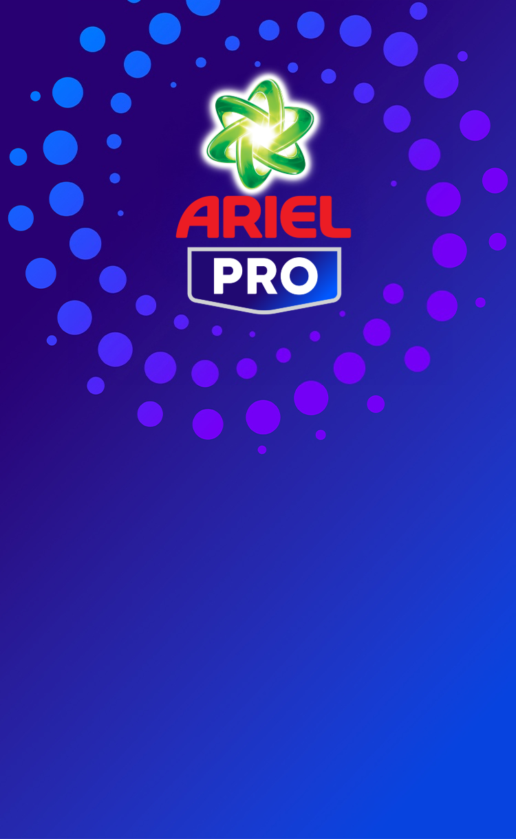 Banner de Ariel Pro. Logotipo de la marca sobre un fondo azul y morado con círculos decorativos.