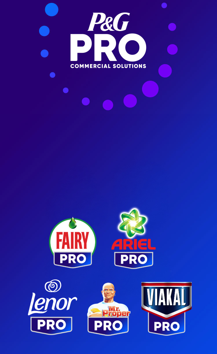 Banner de P&G PRO Soluciones Comerciales y las marcas profesionales Fairy, Ariel, Lenor, Mr. Proper y Viakal PRO.