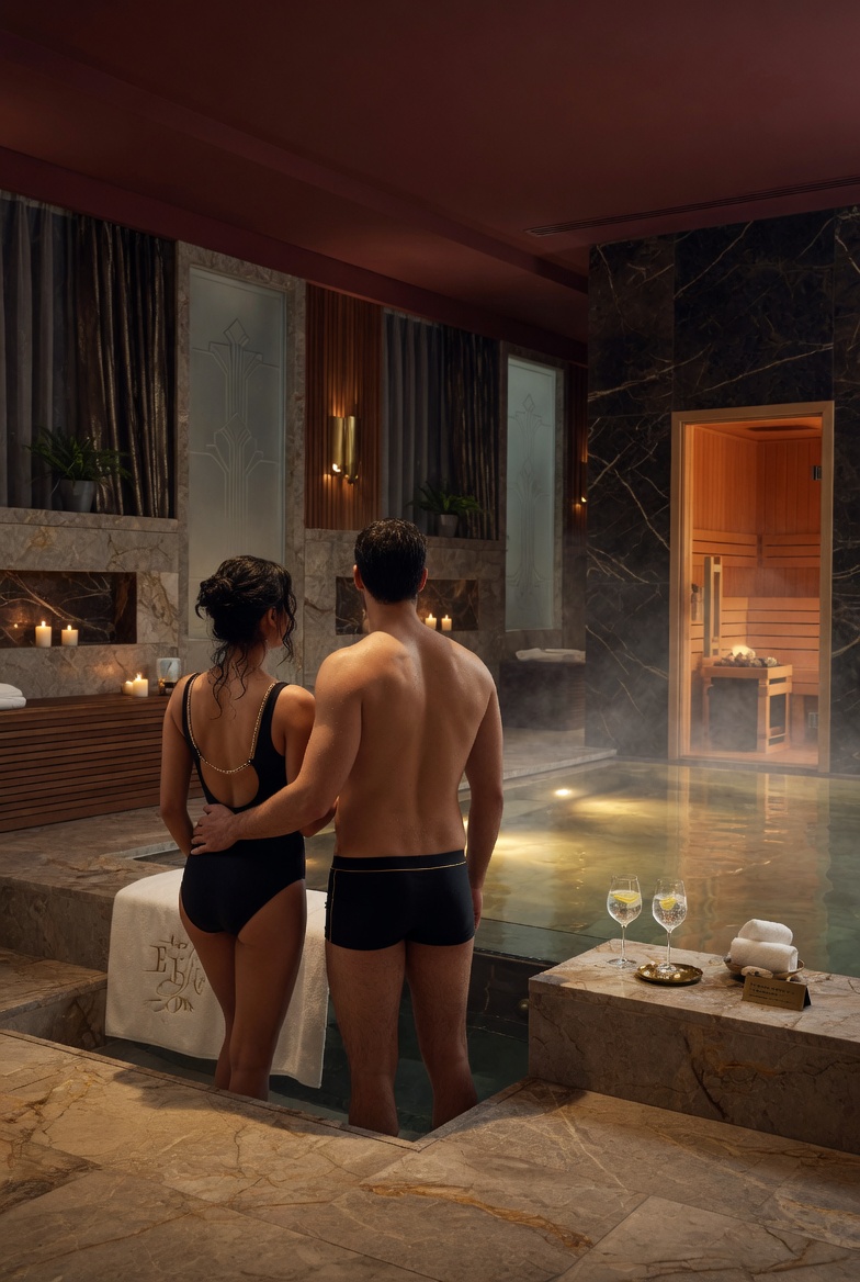 diskretes Paar entspannt zusammen in einem hochwertigen Hotel-Spa-Bereich