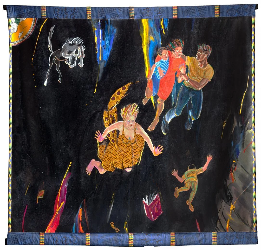 Emma Amos, The Heavens Rain, acrylic on canvas with Kanga and other African fabrics, 81 × 86 in. Collection of the Newark Museum of Art, Purchase 1990 Eleanor S. Upton Bequest Fund and The Links, Inc., North Jersey Chapter, 90.3
