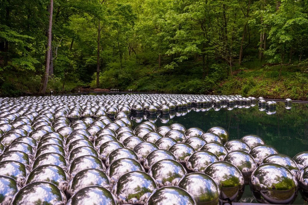 Reflective Silver Spheres Floating on Forested Water Surface