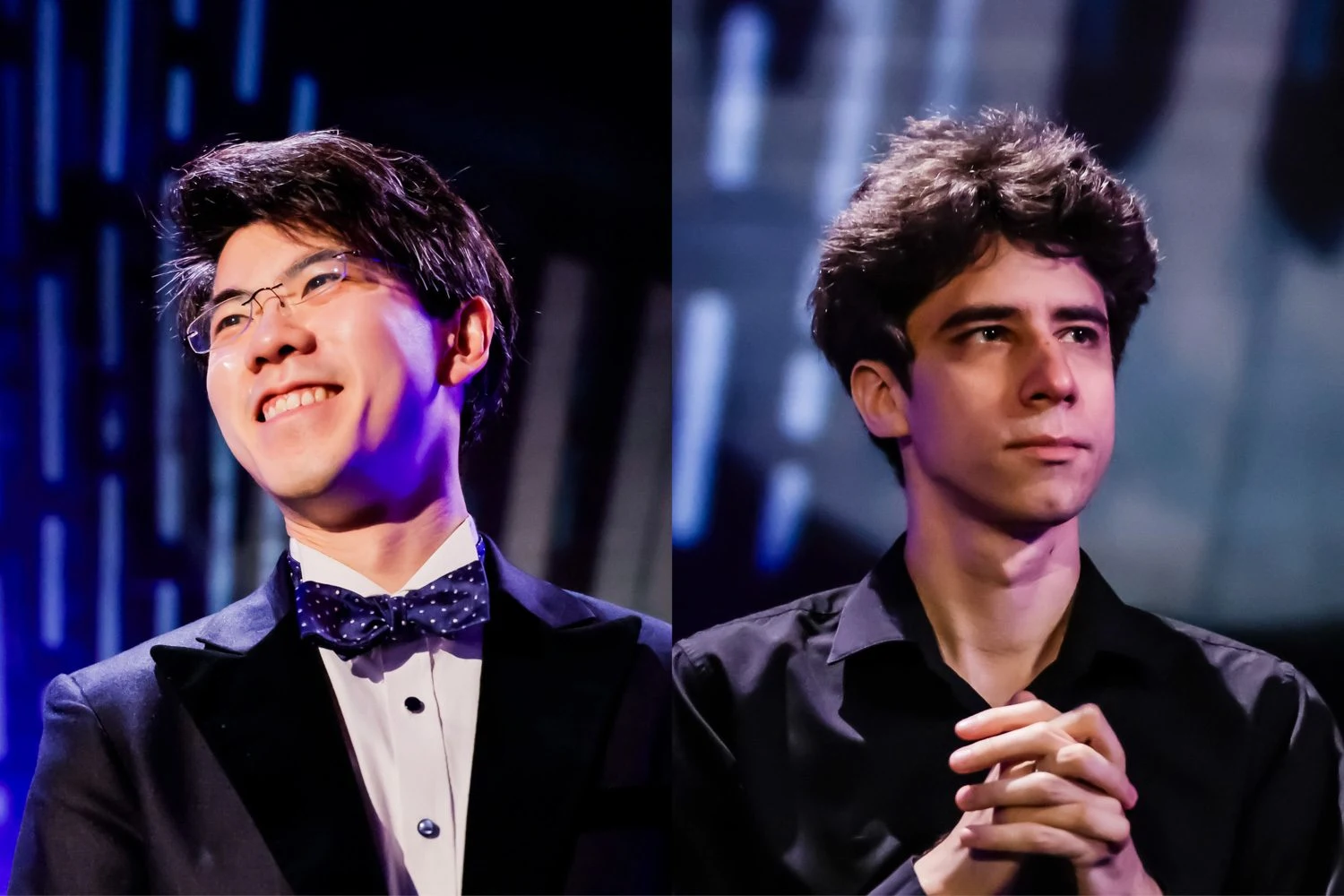 Two men in formal attire with blue and purple lighting in the blurred background.