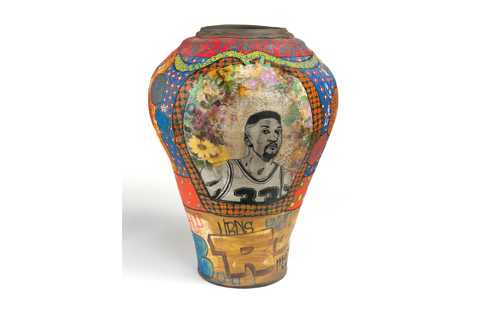 Colorful vase with intricate patterns, floral designs, sports portrait, and graffiti lettering.