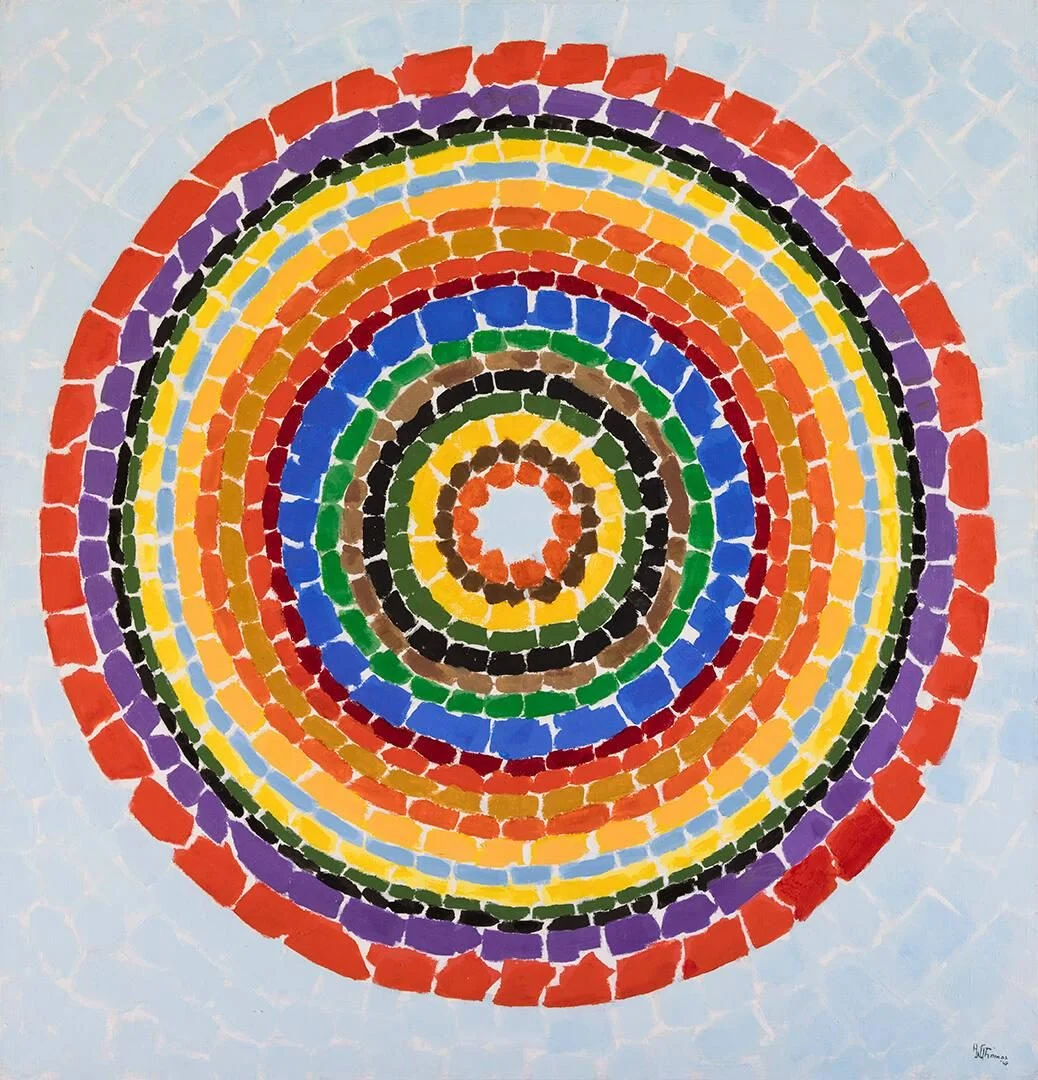 Alma Thomas, Lunar Rendezvous-Circle of Flowers, 1969, acrylic on canvas, 50 × 48 in. Crystal Bridges Museum of American Art, Bentonville, Arkansas.