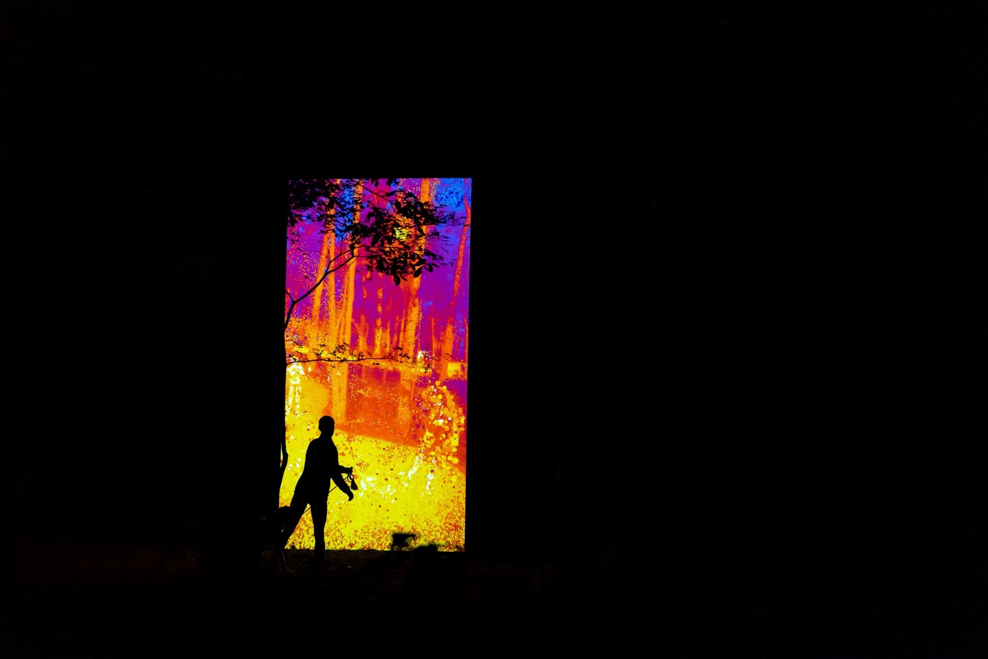 A silhouette dances in front of a brightly colored heat sensor in the forest at night.