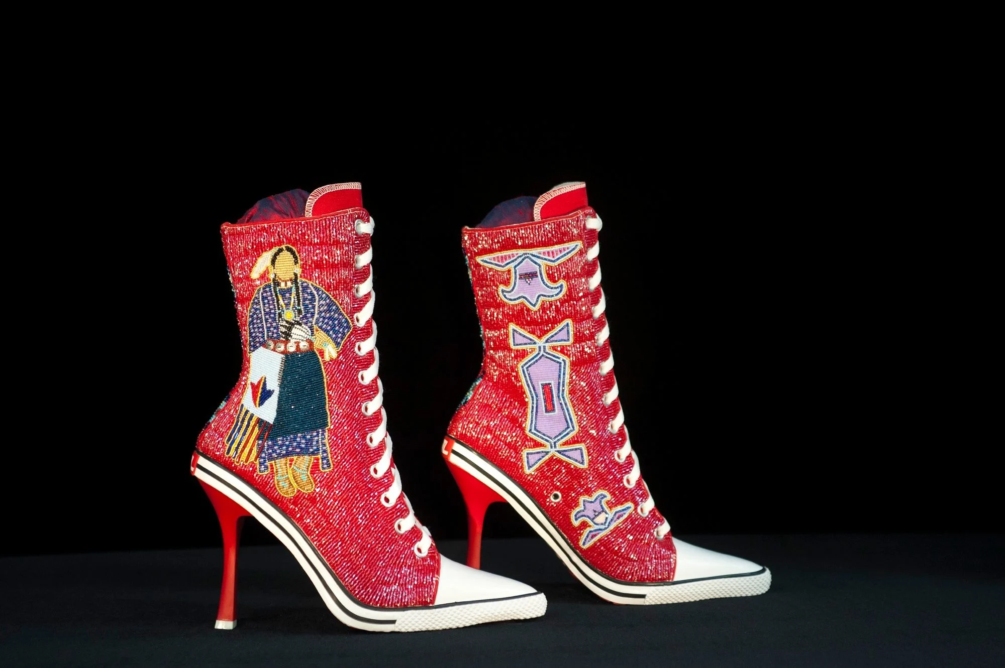 Teri Greeves, Abstraction: Kiowa by Design, 2014, beads on canvas high-heeled sneakers, 11 1/2 x 10 x 4 in. each. Courtesy Crystal Bridges Museum of American Art, Bentonville, Arkansas. Photo: Stephen Lang.
