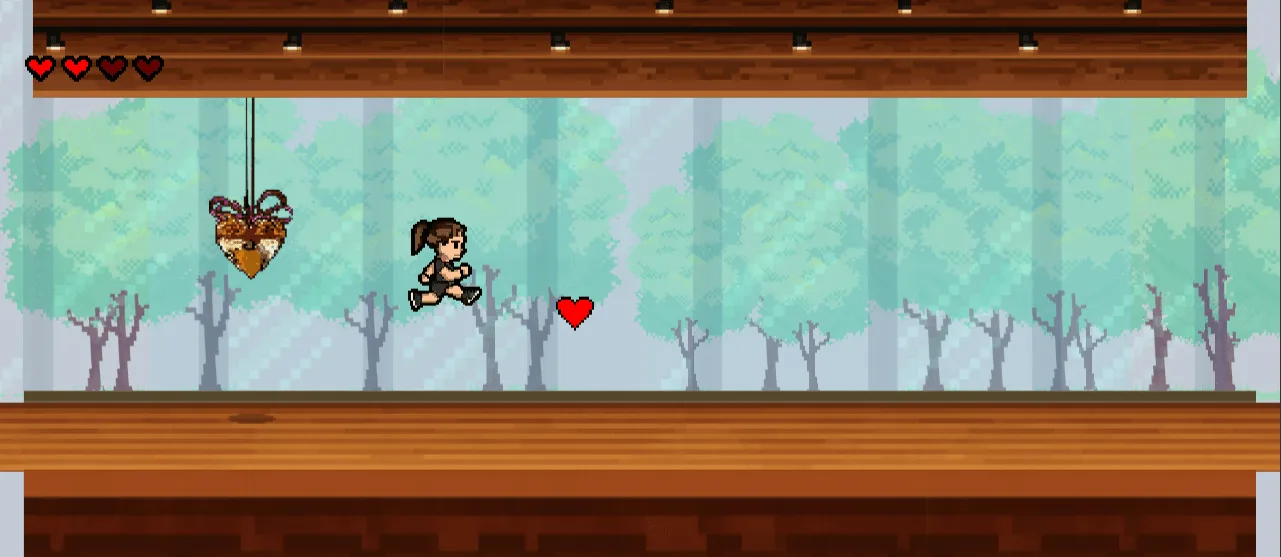 Character mid-jump towards heart in pixel art forest scene